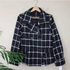 Larry Levine | Black & White Plaid Pea Coat Size Small NWT